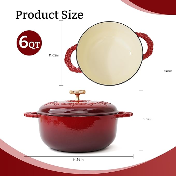6 Quart Chip-resistant Enameled Cast Iron Dutch Oven Pot with Lid and Elegant Gold Hollow Knob With Handcrafted Inlaid Cubic Zirconia Detail, Safe For Bake,Stew, Braise, Boil, Deep Fry, Roast(Red)