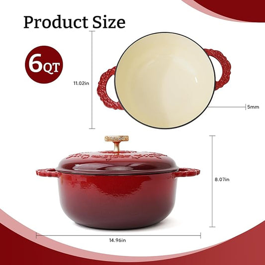 6 Quart Chip-resistant Enameled Cast Iron Dutch Oven Pot with Lid and Elegant Gold Hollow Knob With Handcrafted Inlaid Cubic Zirconia Detail, Safe For Bake,Stew, Braise, Boil, Deep Fry, Roast(Red)