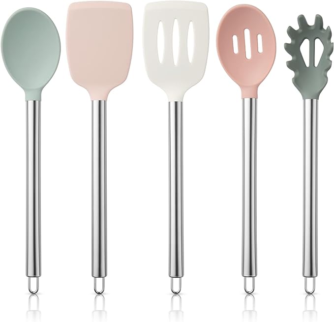 COOK WITH COLOR Silicone Cooking Utensils, Kitchen Utensil Set, Easy to Clean Silicone Kitchen Utensils, Cooking Utensils for Nonstick Cookware, Kitchen Gadgets Set, 5 Pieces, Mint