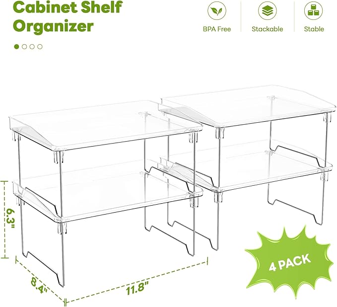 Acrylic Cabinet Organizer Shelf,4 Pcs Stackable Kitchen Counter Shelves,Spice Rack,Countertop Organizers,Clear Plastic Storage Organization for Makeup，Bathroom,Cupboard,Desk,Pantry