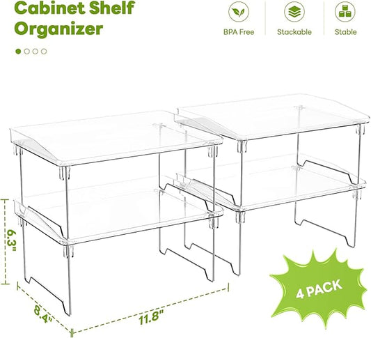 Acrylic Cabinet Organizer Shelf,4 Pcs Stackable Kitchen Counter Shelves,Spice Rack,Countertop Organizers,Clear Plastic Storage Organization for Makeup，Bathroom,Cupboard,Desk,Pantry
