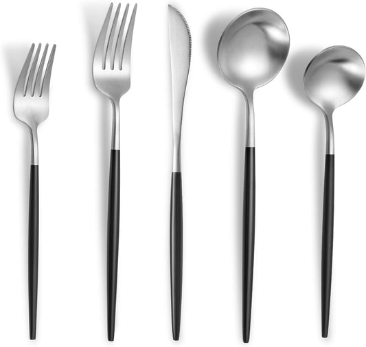 Lemeya Matte Black Silver Silverware Set for 6,Modern Stainless Steel Brushed Cutlery Set,30-Pieces Heavy Duty Flatware Set,Knives Spoons and Forks Set Utensils Set, Satin Finish, Dishwasher Safe