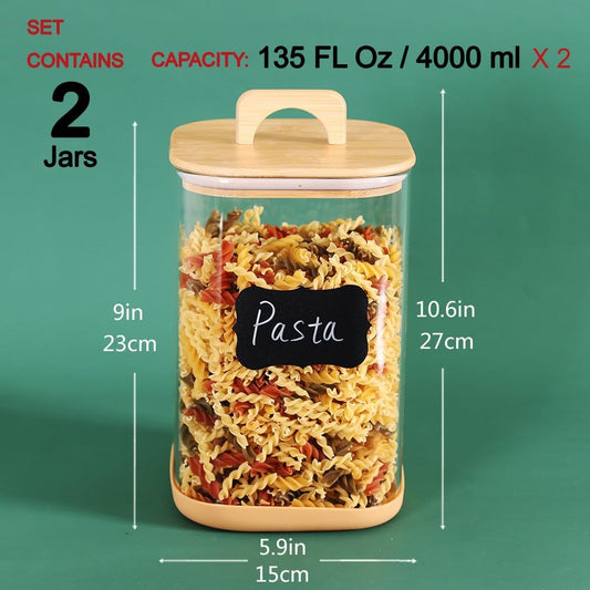 2 Pack 135 oz Glass Food Storage Containers, 1 Gallon Glass Flour and Sugar Containers with Airtight Lids, Large Flour Container for Sugar, Ground Coffee, Rice and Dry Food