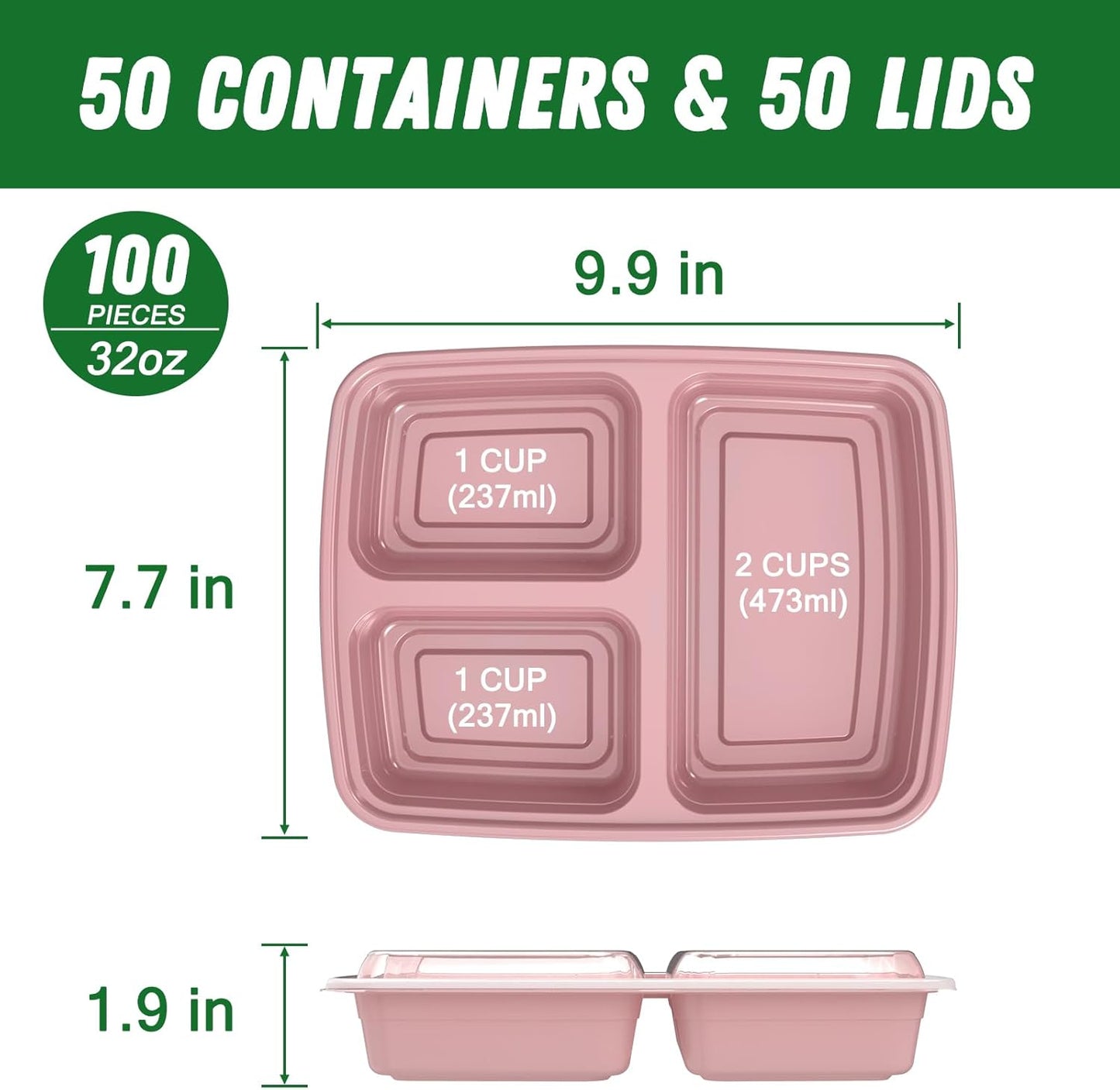 50 Pack (100-Piece) 32 oz Meal Prep Containers Reusable with Lids 3-Compartment, To Go Take Out Plastic Food Storage Containers, Sturdy Leakproof Food Safe, Microwave Freezer Dishwasher Safe, Pink
