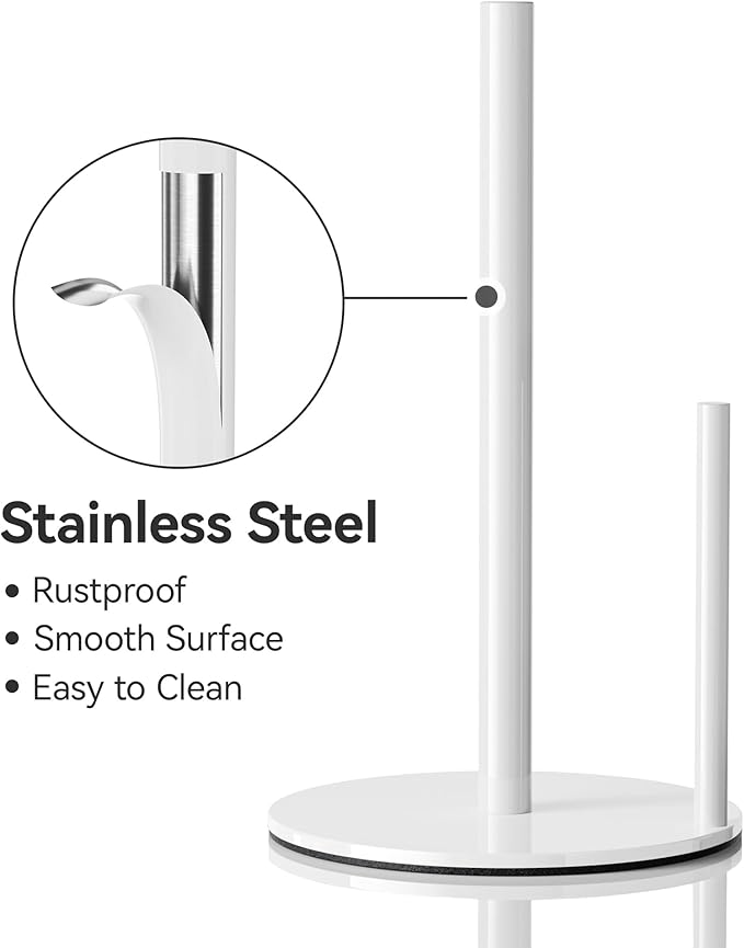 Paper Towel Holder Countertop, Stainless Steel, White, for Kitchen, Pantry, RV