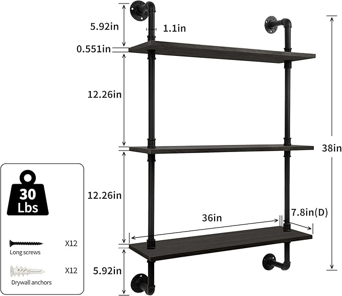 3-Tier Industrial Pipe Floating Shelf – Rustic 36 inch Wood Wall-Mounted Storage Shelf for Kitchen Office,Bathroom & Home Decor -Black