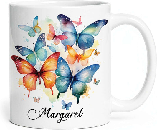Unique Customized Flock Of Butterflies Travel Mug, Personalized Name On Animal And Colorful Details Travel Cups, Custom Novelty Butterfly Tea Mug For Friend On Graduation 11oz 15oz