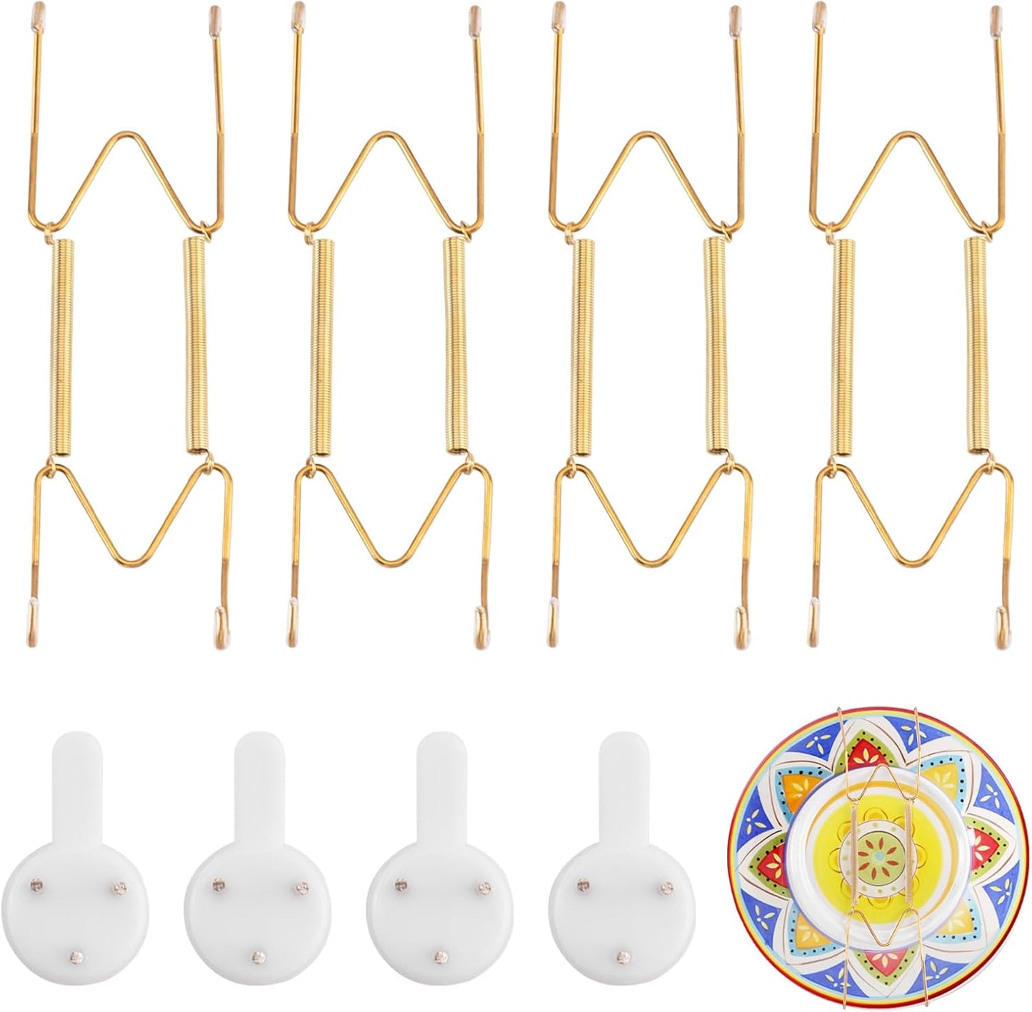 4 Pack Plate Hangers for The Wall Suitable for 6-8 inch Small Decorative Plate, Invisible Stainless Steel Plate Hangers for Display with Wall Hooks, for Plates/Platter/Dish/Picture(Gold)