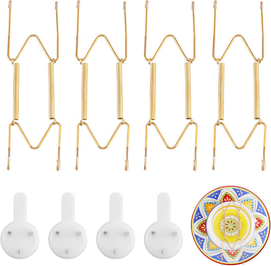 4 Pack Plate Hangers for The Wall Suitable for 6-8 inch Small Decorative Plate, Invisible Stainless Steel Plate Hangers for Display with Wall Hooks, for Plates/Platter/Dish/Picture(Gold)
