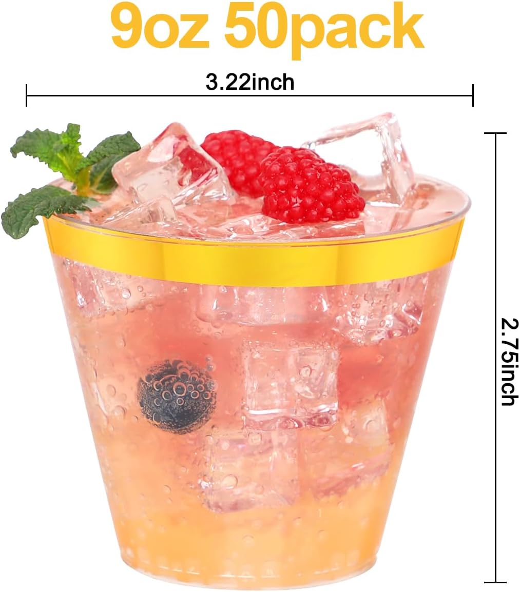 50 Pcs Gold Plastic Cups,9Oz Gold Rimmed Plastic Cups,Heavy Duty Gold Rim Clear Disposable Plasitc Cocktail Tumblers Wine Cup for Party,Wedding,Birthday,Christmas