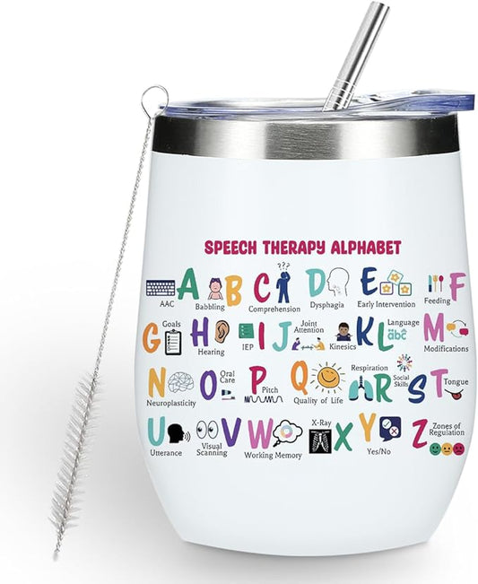Speech Therapy Gifts Wine Tumbler, Christmas Birthday Gifts for Speech Language Pathologist, SLP, Therapist,Teacher Coworkers Coffee Cup Insulated Stainless Steel 12oz Wine Glass with Lid, Straw
