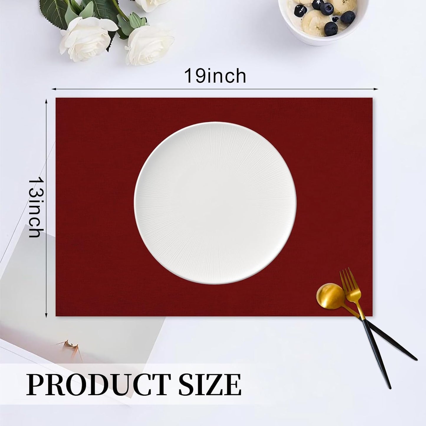 Placemats Set of 6 Linen Type Fabric Cloth Placemats, 19 x 13 Inch Double Layered Thick Wrinkle Free Heat Resistant Table Place, for Dining, Kitchen, Party (Burgundy, 48 * 33cm)