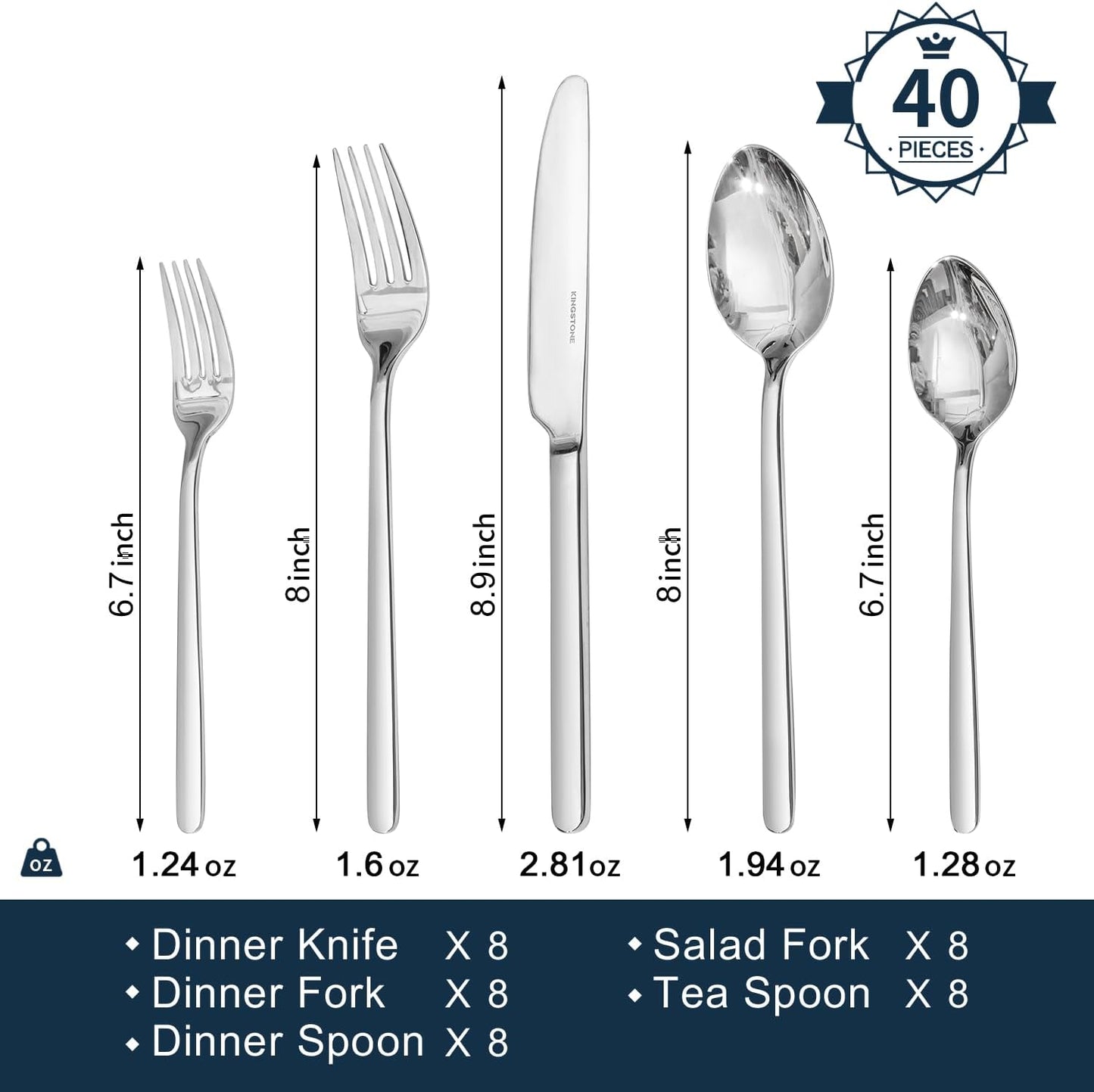 KINGSTONE 40 Piece Silverware Set, Flatware Set for 8, 18/10 Stainless Steel Cutlery Set Mirror Polished Modern Design Dishwasher Safe
