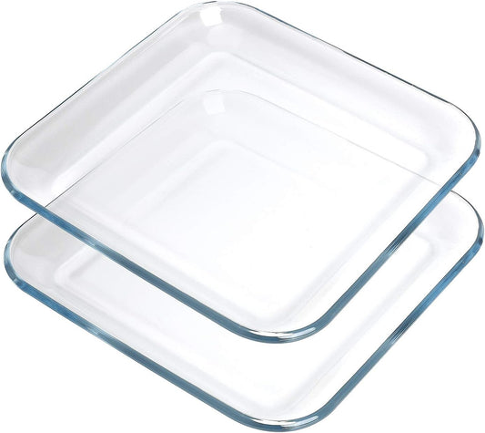 FOYO Oven Basics Glass Plate Set, Square Tempered Glass Serving Plates Pie Plate Salad Plates - 10" Diameter(Set of 2)