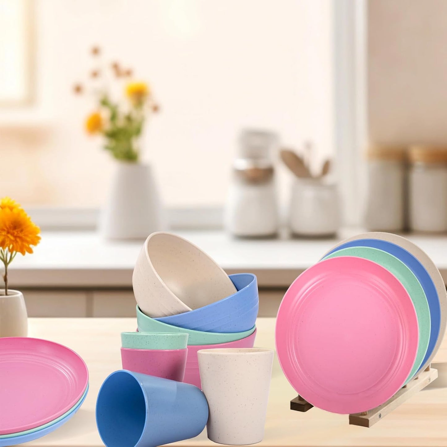 Rubtlamp Wheat Straw Plates and Bowls sets, Reusable Plastic Plate Set for 4, Kitchen Wheat Straw Dinnerware Sets (Spring Four Colors) Include Dinner Platos, Dessert Platos, Cereal Bowls, Cups