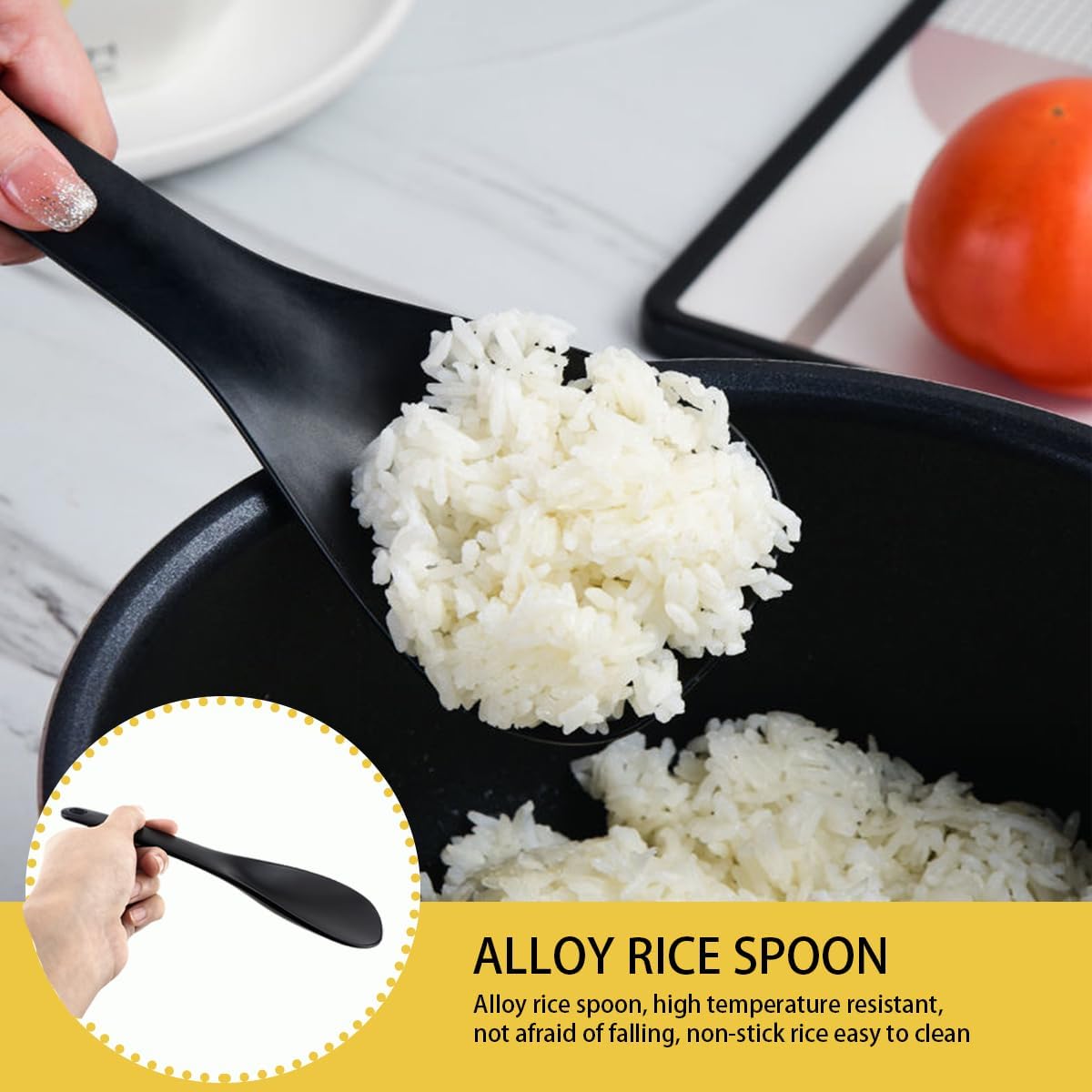 DOERDO 3Pcs Rice Paddle Spoon Soup Spoon Non Stick Rice Scooper Cooking spoon for Rice Soup Potato, Black