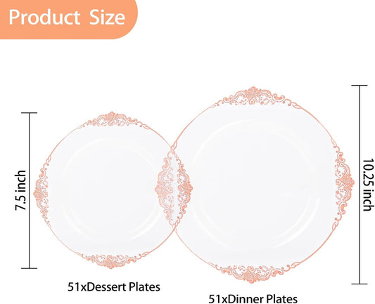102PCS Rose Gold Plastic Plates - Clear Rose Gold Plate - Heavy Duty Disposable Plates - Fancy Disposable Dinner & Dessert Plate for 51 Guests for Party & Wedding