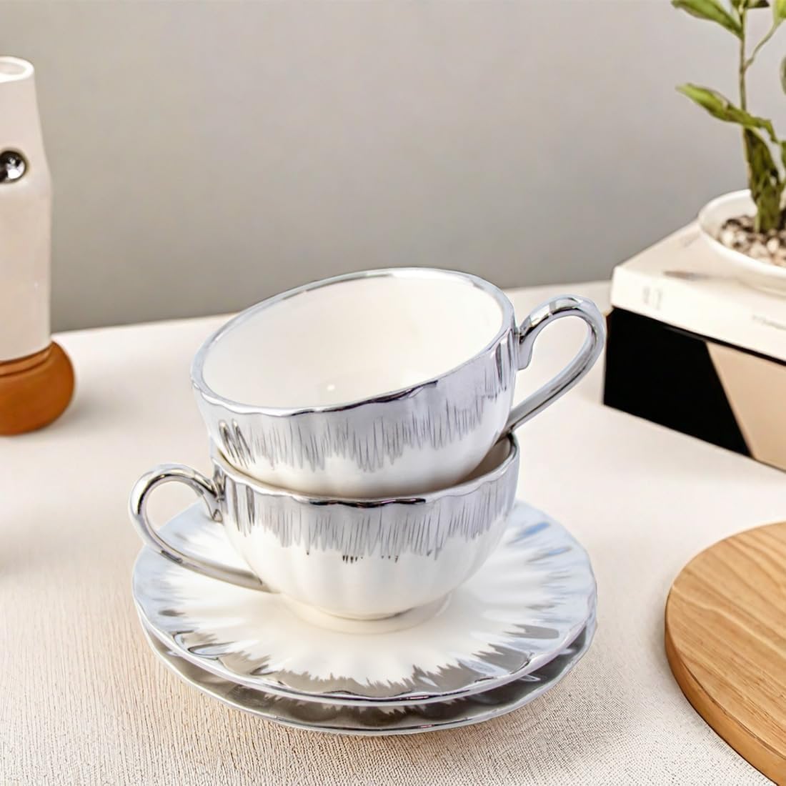 6 Teacups Tea Tray Spoon Set, 6oz with Galvanized Gold Rim and Gift Box, Ceramic White English Coffee Teacup (silver, Large)