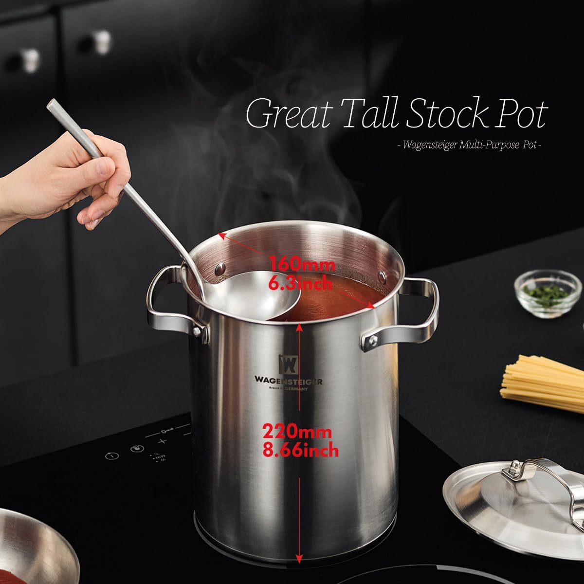 Premium Stainless Steel Asparagus Steamer Pot or Spaghetti Pasta Stovetop Cooker with Perforated Steamer Basket, Tall & Large Size, Versatile Cookware, 3-Ply Base(4.3Liters/1.14Gals)