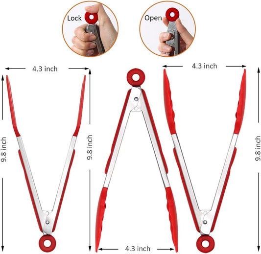 9 Inch Small Kitchen Tongs Set of 3, Silicone Cooking Tongs with Silicone Tips and Stainless Steel Handle, Tongs for Cooking, Serving(Red)