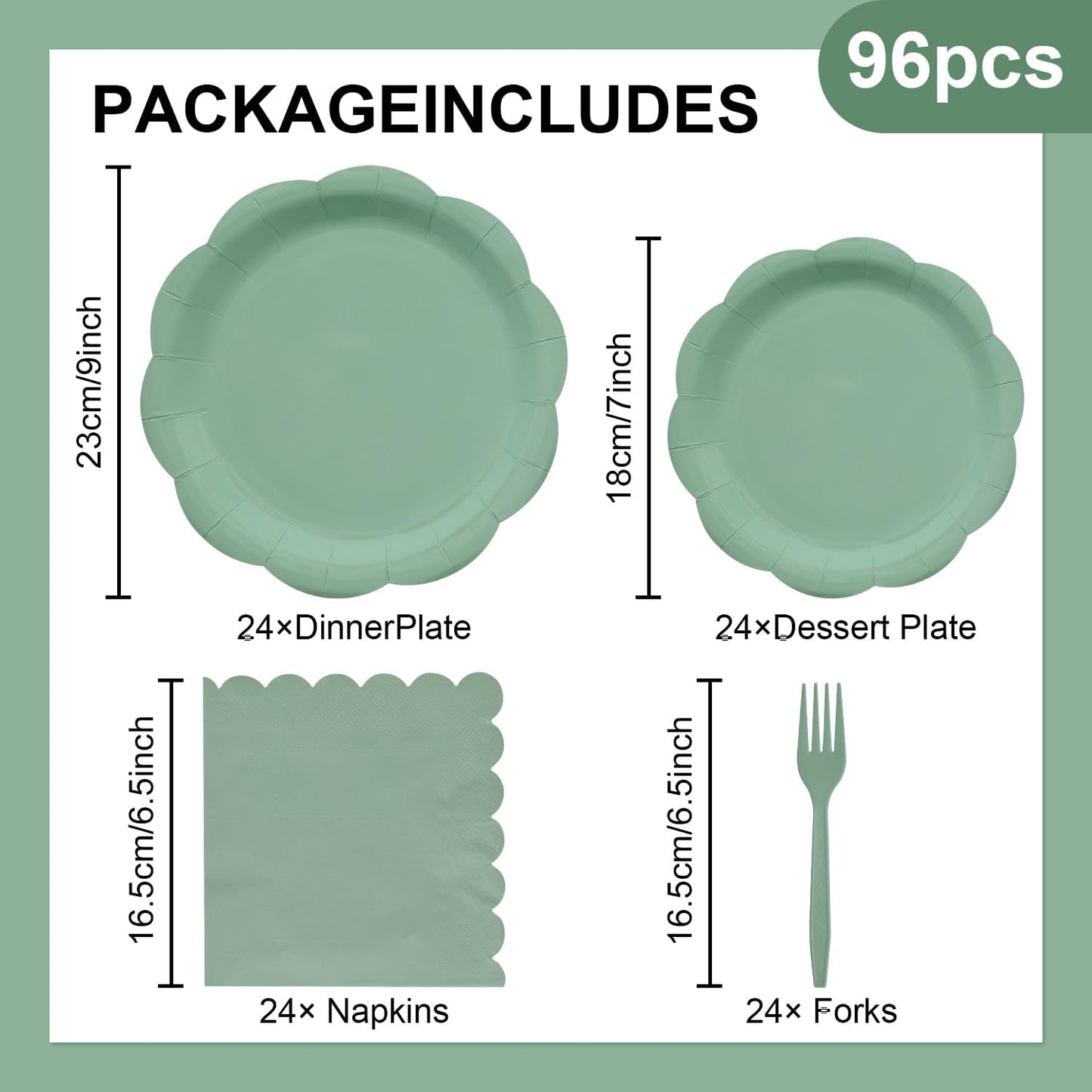 96 Pieces Sage Green Scalloped Tableware Set Party Supplies – Solid Color Disposable Dinnerware with Paper Plates, Napkins, and Forks for Birthday Parties, Garden Events, Baby Showers – Serves 24