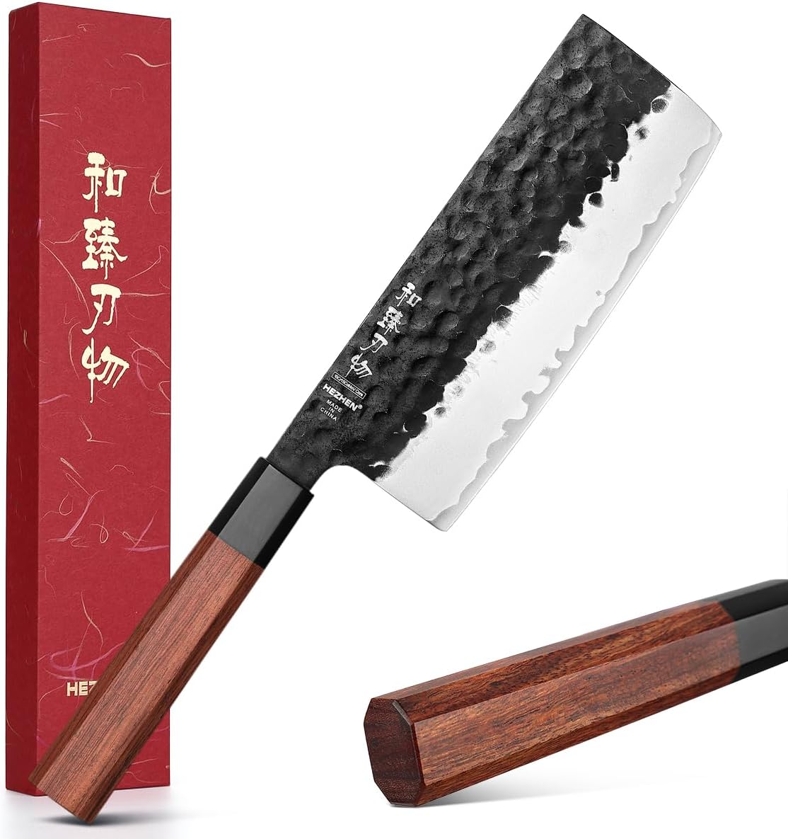 HEZHEN 6.9 inch Nakiri Knife,3 Layers High Carbon Composite Forging Steel, 10Cr15CoMoV Steel Core,Razor Sharp Kitchen Knife, Redwood Octagonal Handle with Premium Gift Box