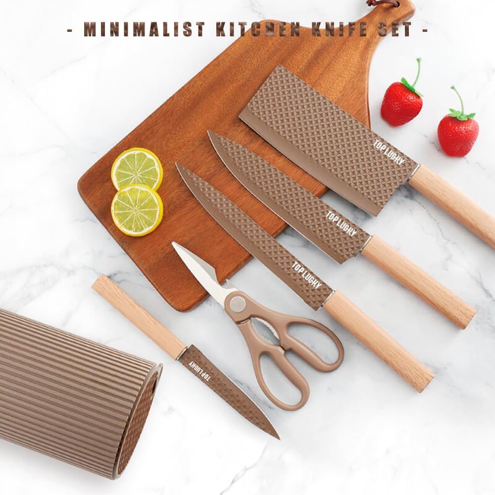 Knife Set, Wiztoynia 6-Piece Coffee Kitchen Knife Set for Home, Anti-Rust Non-stick Stainless Steel Sharp Chef Knife Set with Universal Knife Block for Kitchen, Ergonomical Design (Coffee)