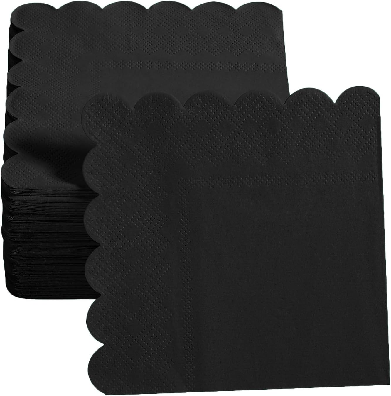 100 Pack Cocktail Napkin 2-Ply Scalloped Edged Dessert Napkins Folded 5 x 5 Inches Disposable Napkins for Dinner Wedding Birthday Party Bridal Anniversary Reception Event (Black)