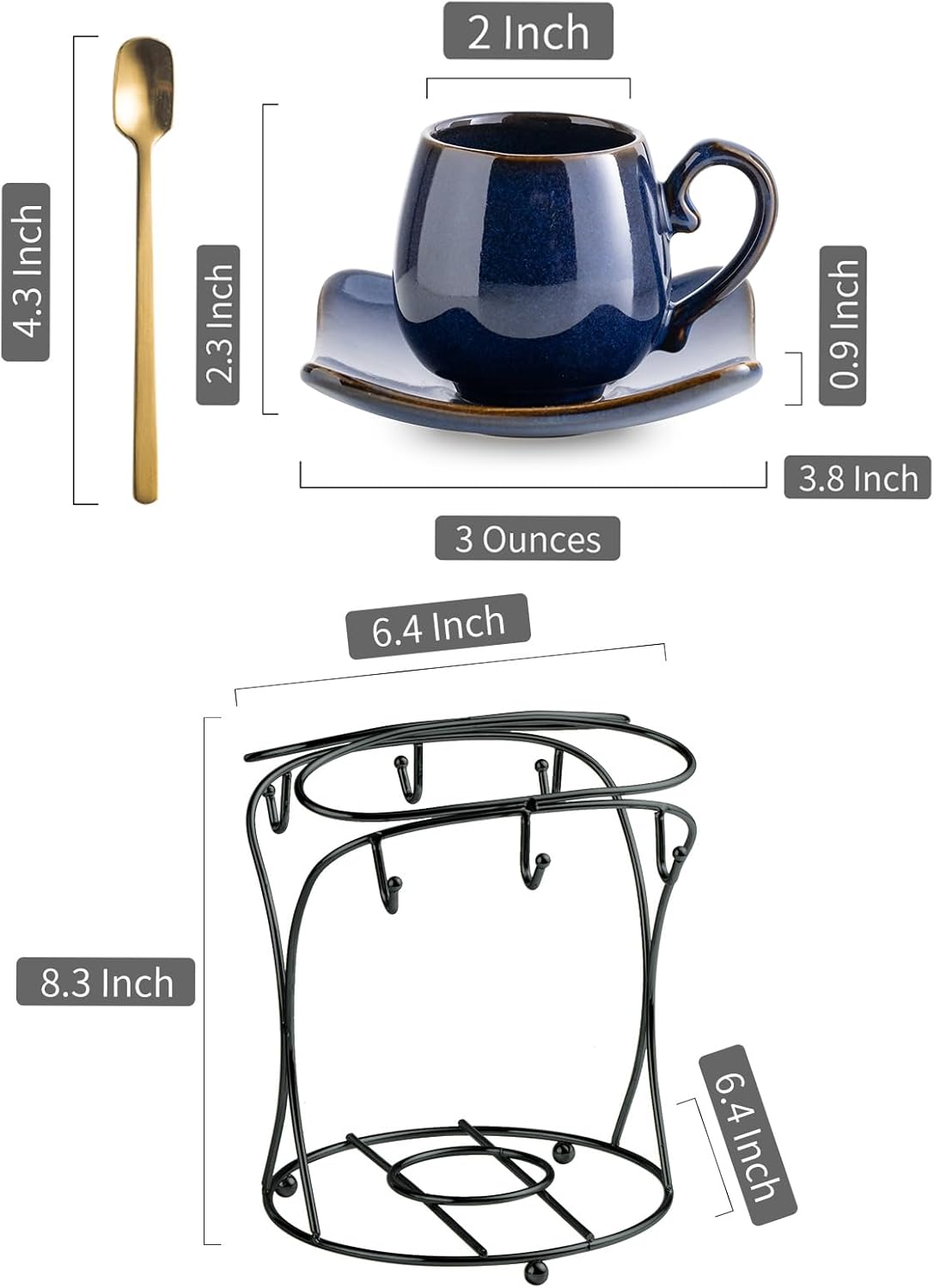 LYEOBOH 3oz Espresso Cups with Saucers, Small Coffee Cups Set of 6 with Spoons and Metal Stand, Ceramic Cute Demitasse Cups for Housewarming Wedding Gift, Cobalt Blue