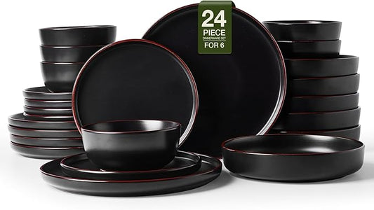 Famiware Mercury Dinnerware Sets with Pasta Bowls, Service for 6 (24 Pieces), Stoneware Plates and Bowls Sets, Microwave and Dishwasher Safe Dishes Set, Matte Black