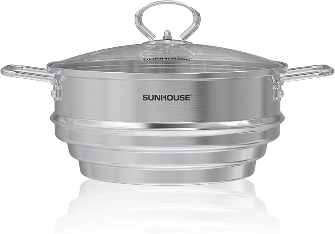 SUNHOUSE 5 Quart Stainless Steel Steamer Insert – Multi-Purpose Soup & Food Steamer with Stay-Cool Handles & Heavy-Duty Glass Lid – Fits Various Pot Sizes (8", 8.5", 9.5")