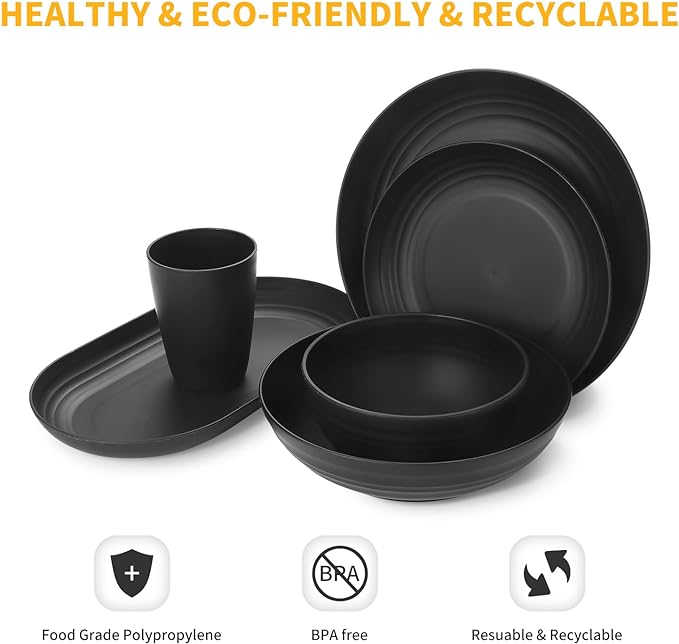 Lazycorner 48-Pcs Kitchen Wheat Straw Dinnerware Set, Service for 8, Plastic Reuasble Dinner Dishes Serving Plate Set for Kitchen, Including Dinner Plate, Dessert Plate, Bowl, Cup(Black)