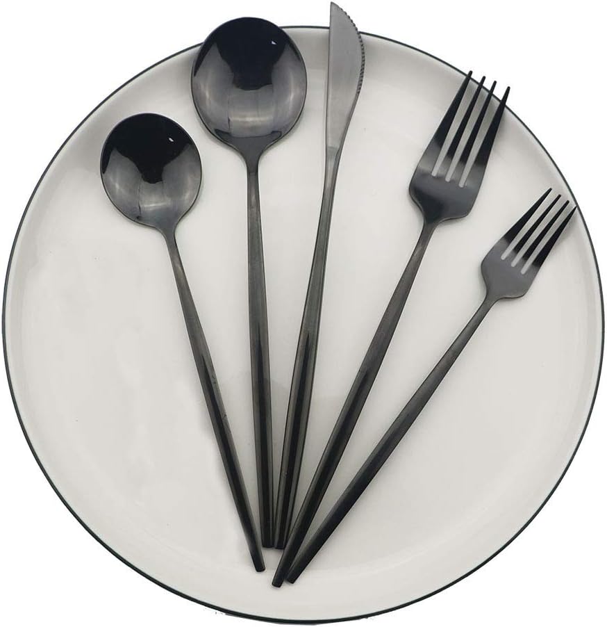 Shiny Black Silverware Set, JASHII 30-Piece Stainless Steel Satin Finish Flatware Set, Kitchen Utensil Set, Mirror Polished Tableware Cutlery Set for Home and Restaurant, Dishwasher Safe