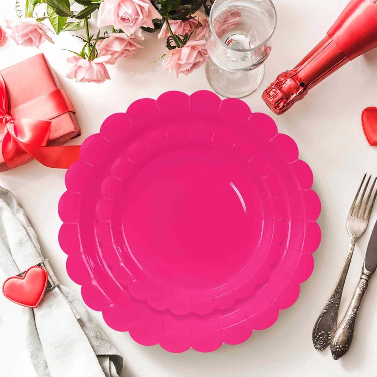 50 Pcs Hot Pink Scalloped Paper Plates 25 × 7'' and 25 × 9'' Disposable Hot Pink Scalloped Dinner Plates for Wedding Baby Shower Birthday Party Disposable Dessert Plate