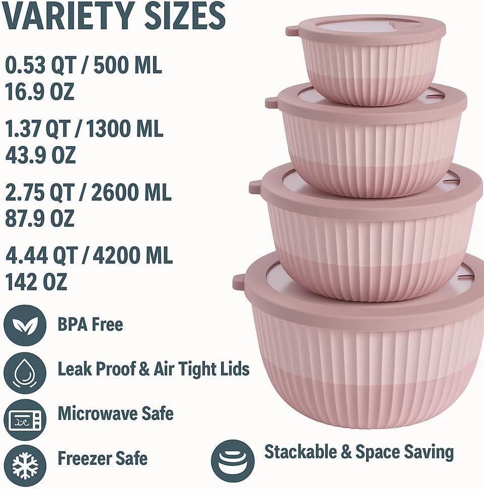 Mixing Bowl Set with Airtight Lids-8-Piece Nesting,stackable Plastic Kitchen Bowls for Mixing & Food Prep-BPA-Free,Dishwasher,Microwave & Freezer Safe
