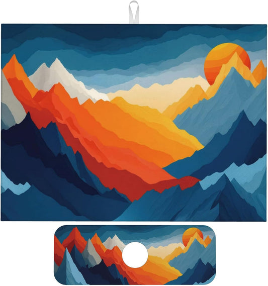 Colorful Mountains Sunset Dish Drying Mat for Kitchen Counter, 18"x24" Microfiber Absorbent Fast Dry Mat, 2Pcs Dish Mat Faucet Mats Sets, Large Drying Kitchen Mat Kitchen Drying Pad Coffee Bar Decor