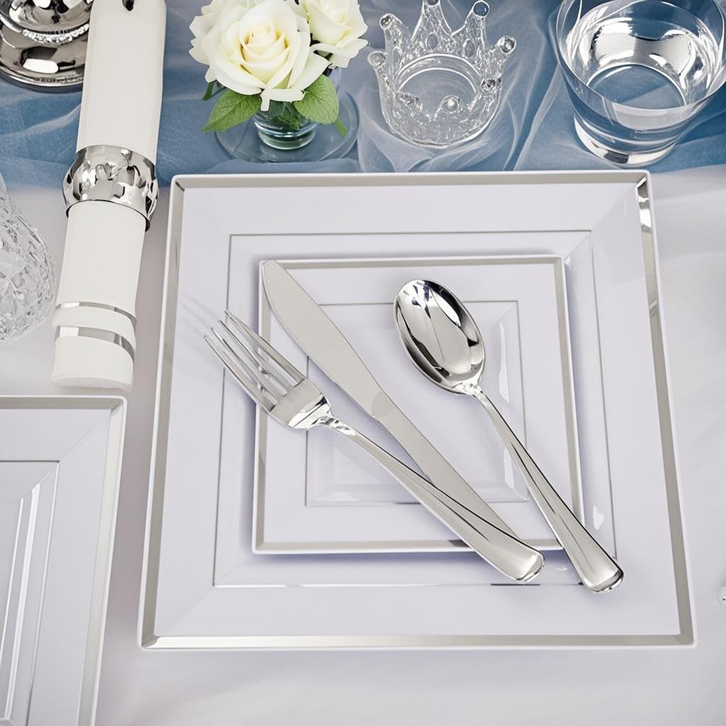 Festiva 350Pcs Silver Plates - Silver Square Plastic Plates 9 .5" and 6" - serve for 50 guests include 50 Cups 50Plastic Cutlery 50Hand Napkins Perfect for Party&Wedding&Birthday&Christmas