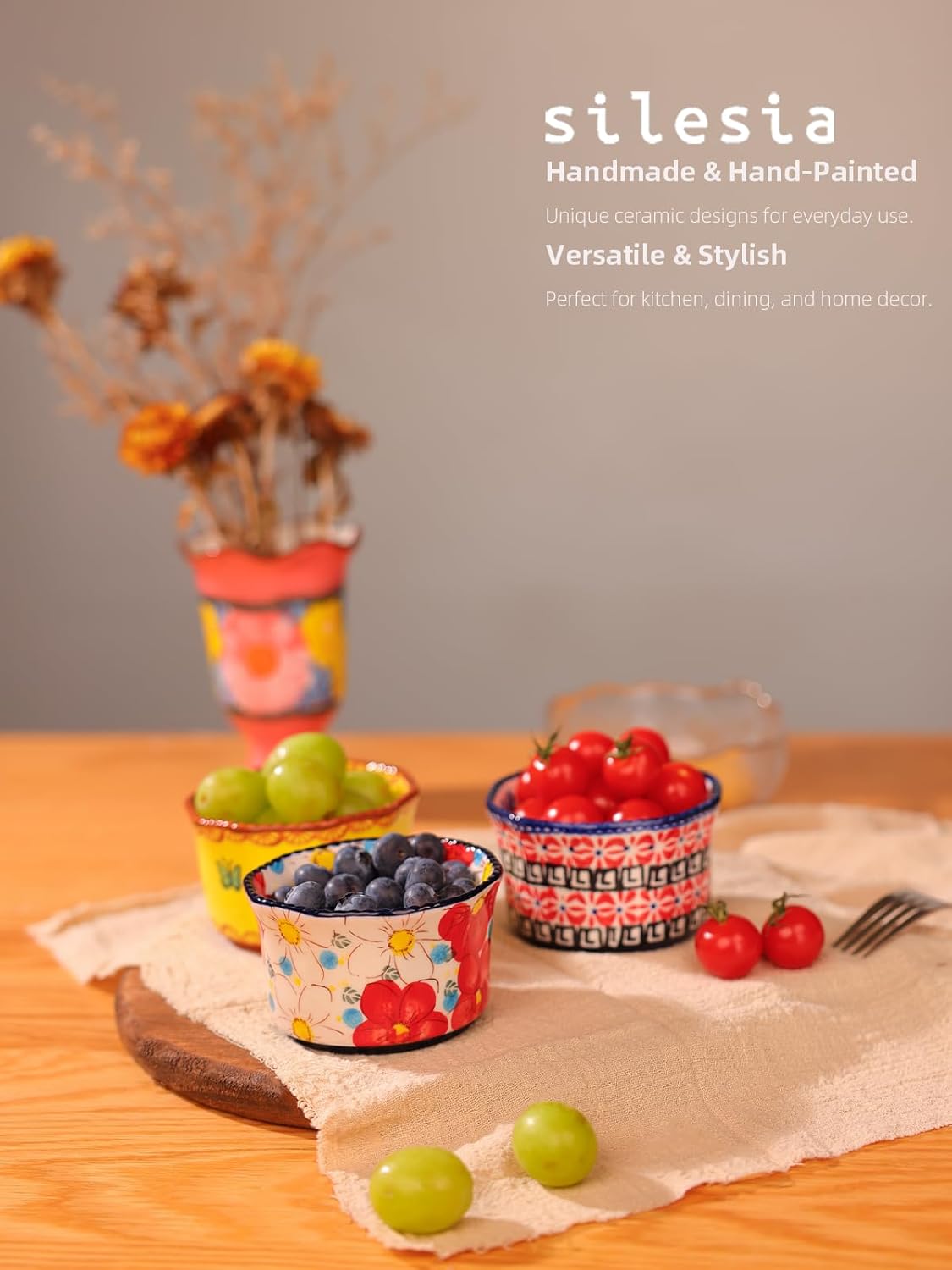 Handmade 7 oz Small Bowls - Ceramic Hand Painted Bowl Great for Ramekins, Dipping, Side Dish, Dessert, Sauce, Ice cream, Appetizer, Sushi in Gift Box, 3.5 inch, Set of 3, Jungle Floral