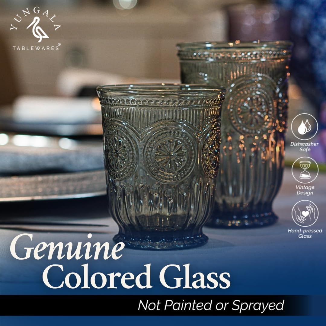 Yungala Black Glassware set of 6 smoke drinking glasses, 8 oz water glasses textured colored vintage glass cups dishwasher safe