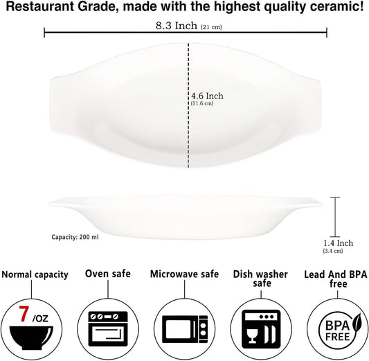 6" x 4" Ceramic Oval Small Au Gratin Baking Dishes 7 oz, Set of 4 Banana Split Bowls, Oven and Microwave Safe, for 1 person servings, Bakeware with Handle(8.3 IN) for Kitchen and Home