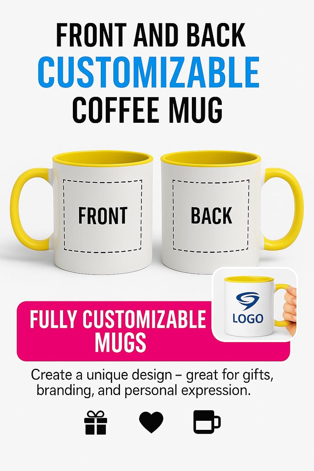 Personalized Coffee Mug | Custom Photo, Text, or Logo Cup (11oz, Yellow Rim, Inner, and Handle) |Dishwasher & Microwave Safe |Unique Gift for Men & Women –Taza Personalizada