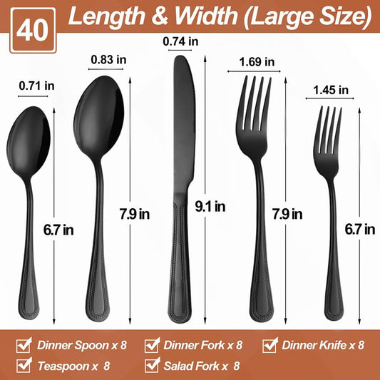 40 Pcs Black Silverware Set for 8 with Pearled Edge Handle design, Food Grade Stainless Steel Flatware Set, Eating Utensils Sets Include Fork/Knife/Spoon, Reusable Cutlery Set, Dishwasher Safe