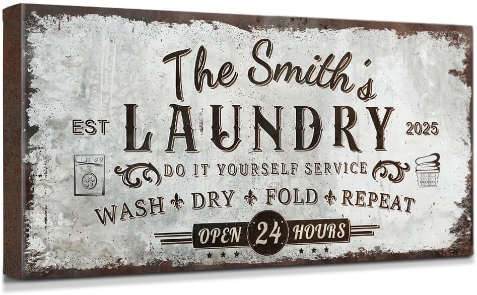 IPIC - Personalized Laundry Room Sign, Custom Canvas Wall Art with Family Name, Rustic Farmhouse Wall Decor and Accessories for Business and Home, Wash Dry Fold Repeat