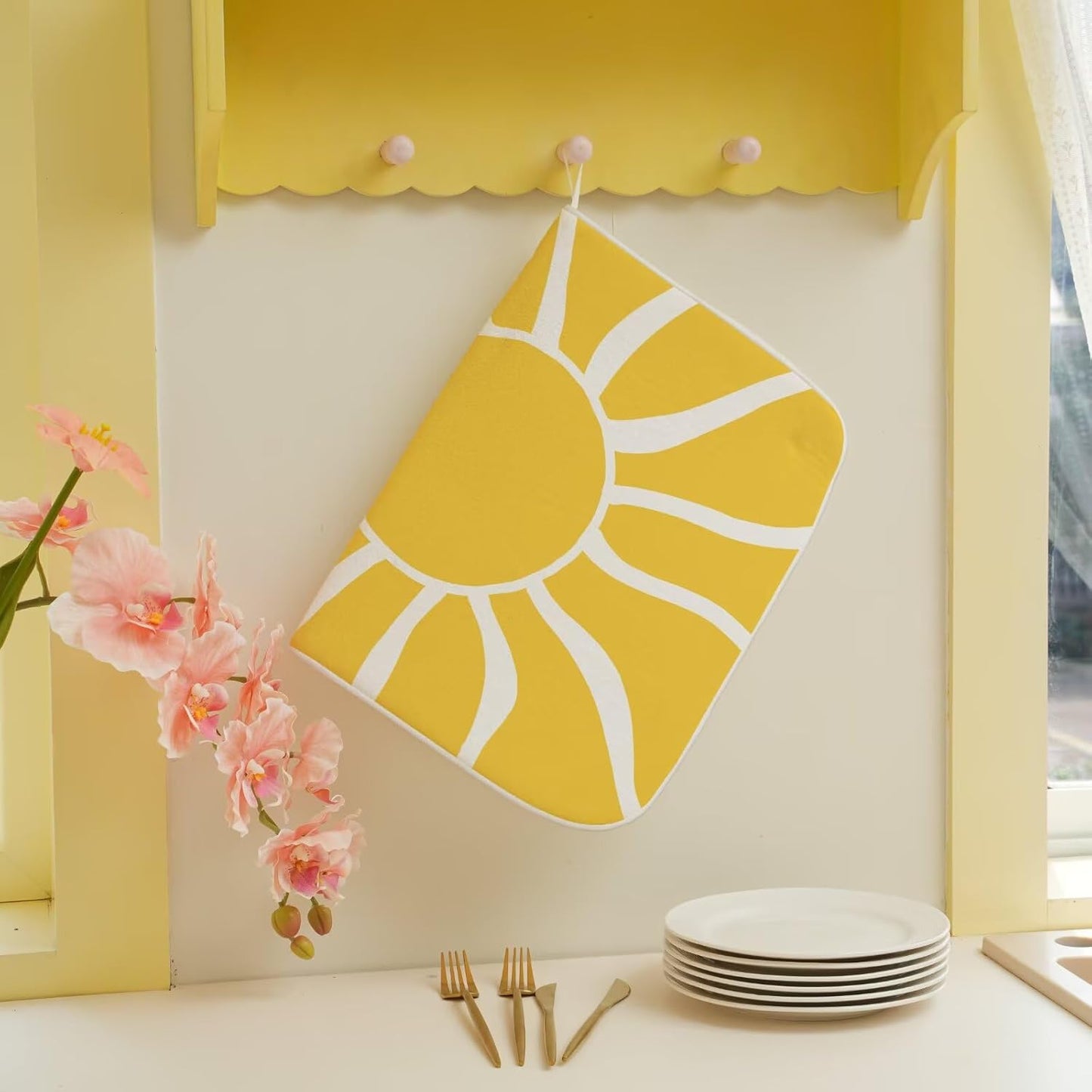 Summer Dish Drying Mat 18 x 24 inch, Yellow Sunshine Decorative Decorative Drying Mats Microfiber Absorbent Dish Washable Draining Mat for Kitchen Counter Decor