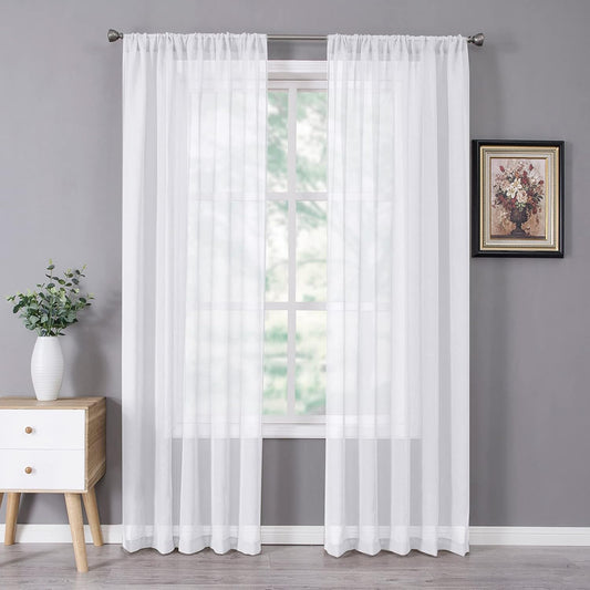 Tollpiz Sheer Curtains Bedroom Linen Textured Curtain Sheers Light Filtering Voile Rod Pocket Curtains for Living Room, 38 x 84 inches Long, White, Set of 2 Panels