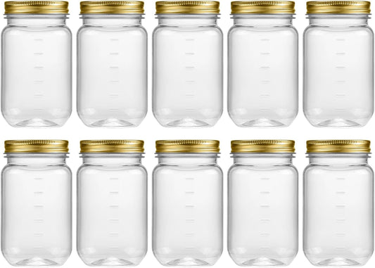 novelinks 16 oz Clear Plastic Jars with Screw-On Lids - BPA-Free Refillable Storage Containers for Slime, Food, Crafts, Kitchen & Household Use (10 Pack,Gold)