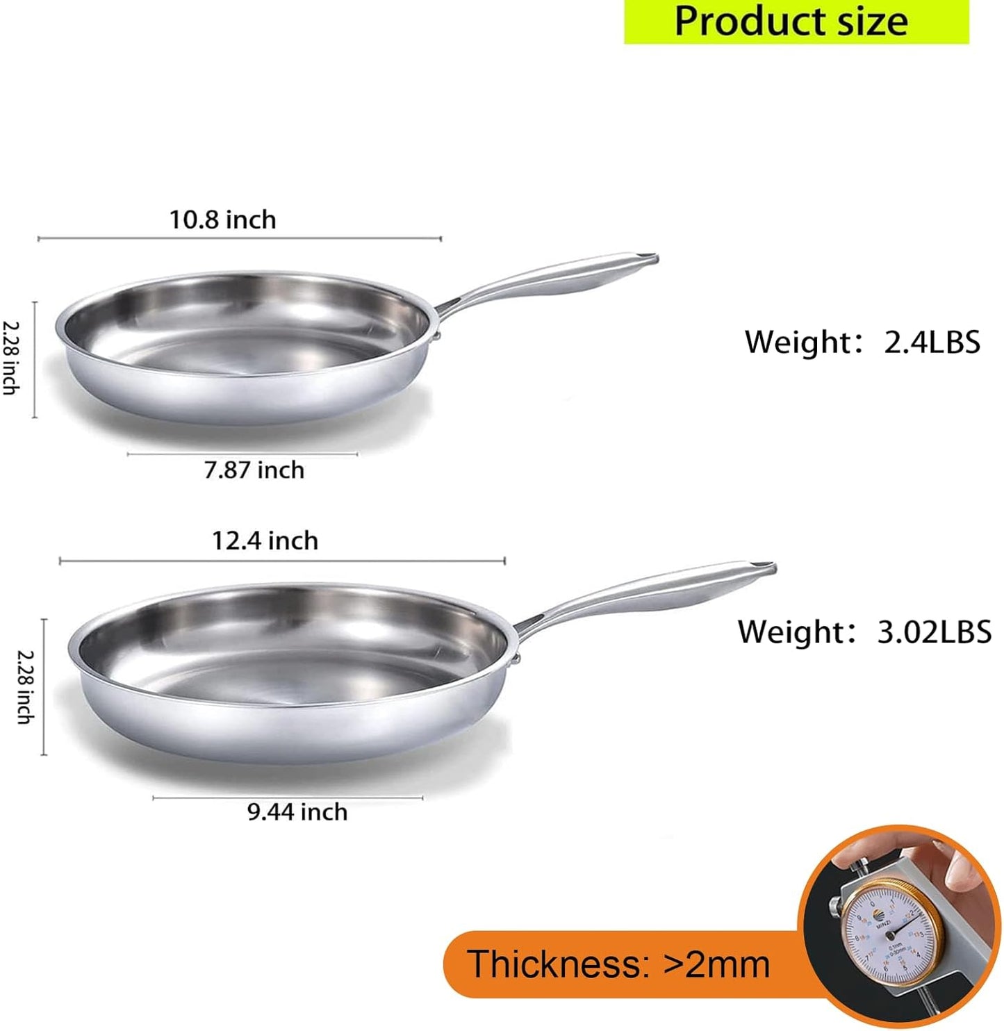 DELARLO Tri-Ply Stainless Steel 10inch and 12inch Frying Pan, Oven safe induction skillet,pots and pans set,Suitable for All Stove (Detachable Handle)