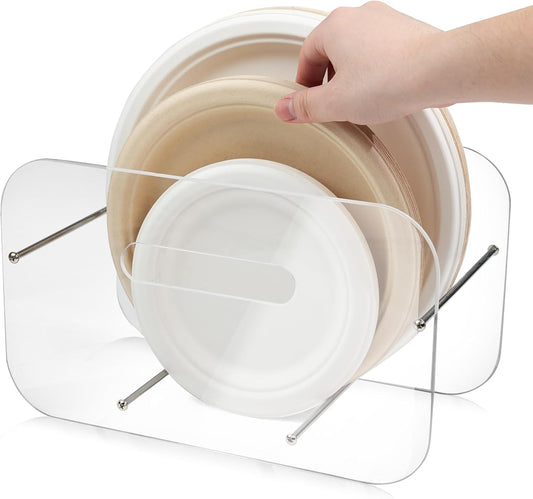 Paper Plate Dispenser, 7-12 Inch Disposable Plates Storage Organizer, Round Square Plastic Foam Paper Plate Acrylic Organizer for Cabinet, Countertop, RV or Outdoor Use (2)
