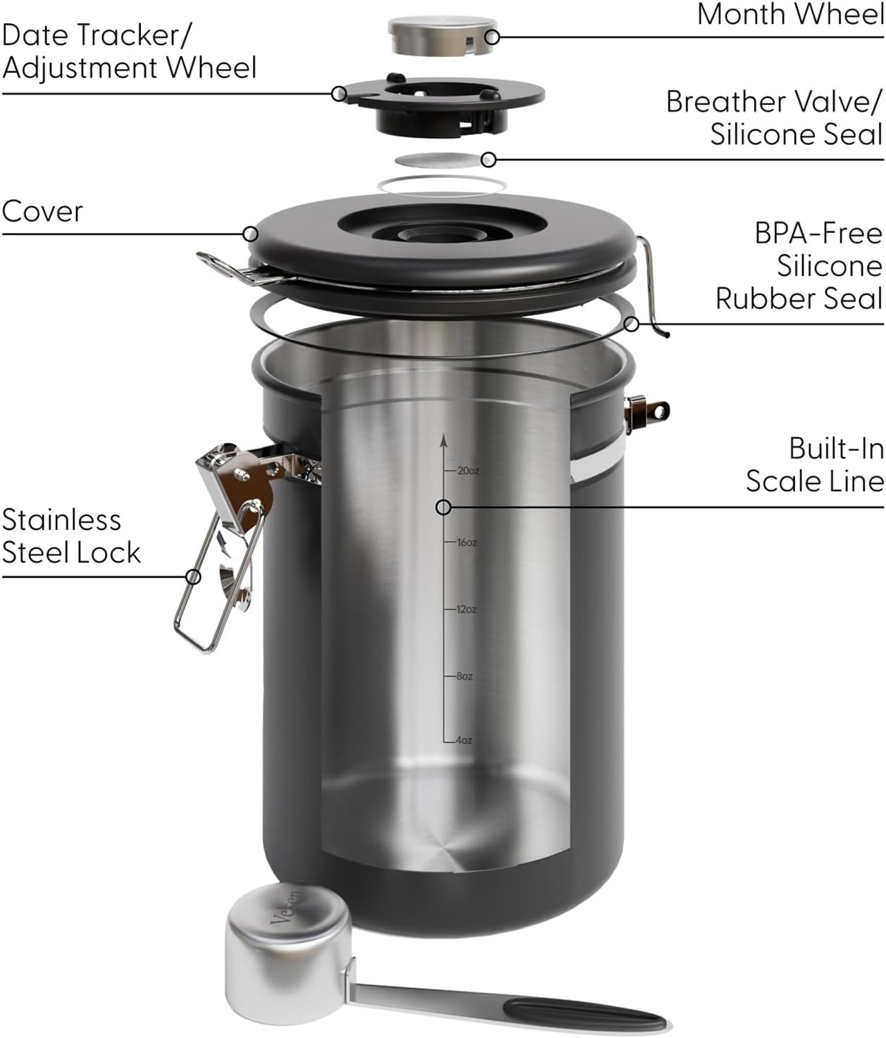 Veken Coffee Canister with Window,Airtight Stainless Steel Container,Home Kitchen Food Storage Organizers for Grounds,Beans,Espresso,Rice,Tea,Sugar,Cereal, Flour,Scoop,Bar Accessories,Gifts,22OZ,Black