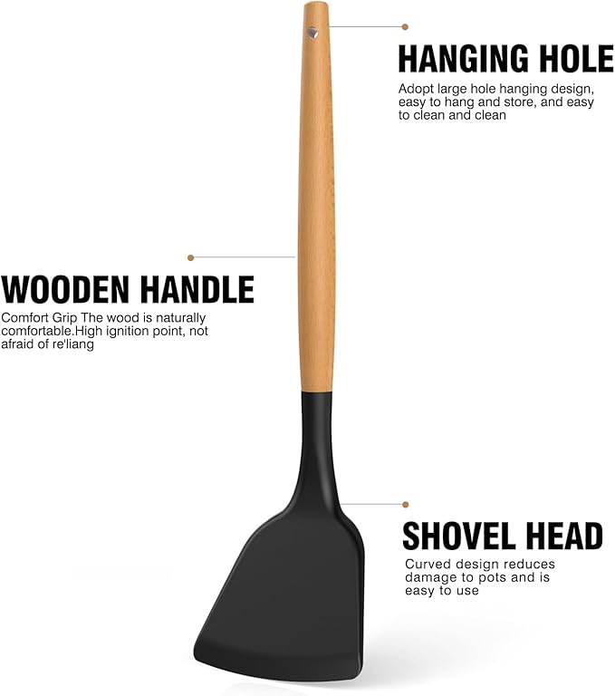 Silicone Cooking Utensils Set - Silicone Kitchen Utensils for Cooking Wooden Handles, 446°F Heat Resistant Kitchen Utensil Spatula Sets w Holder, Gadgets for Non-Stick Cookware BPA FREE (Black)